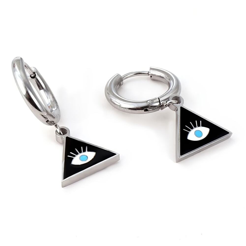 Evil Eye Triangle Hoop Earrings Stainless Steel Hypoallergenic - Picture 2 of 4